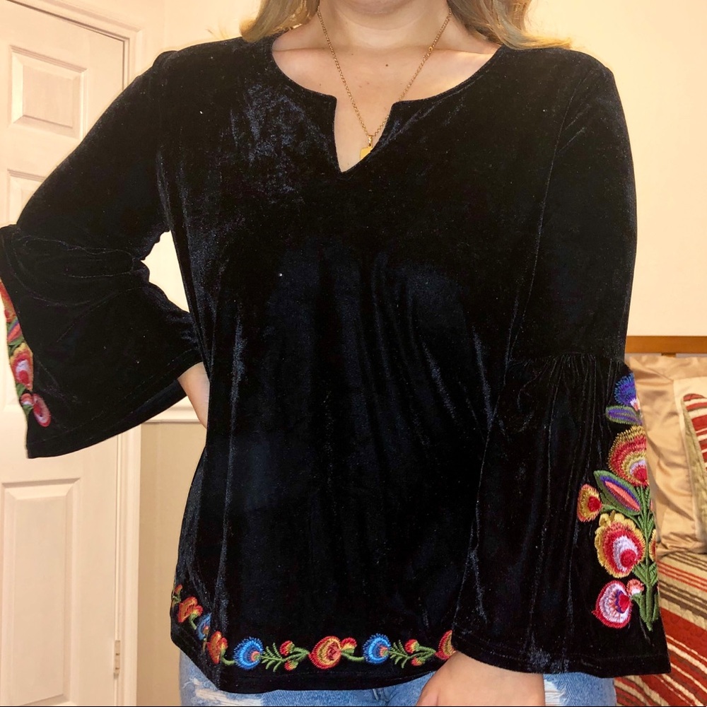 black velvet top with floral embroidery